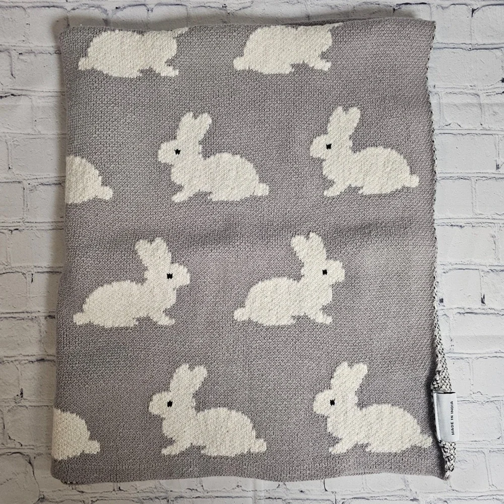Baby Blanket Grey‎ White Bunny Rabbit 100% Cotton Knit 31x37 BUNYBL